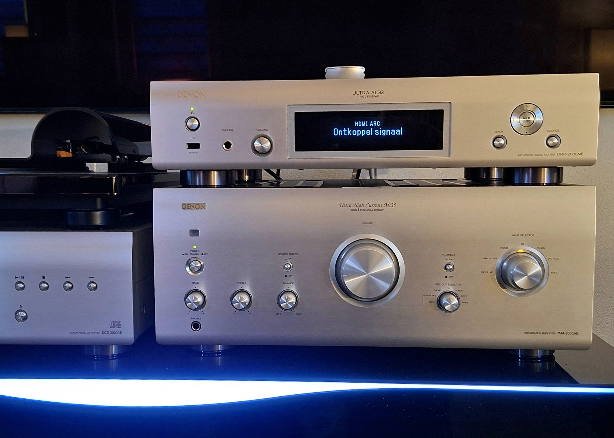 Denon home audio system with PMA-2000AE amp and Wharfedale speakers