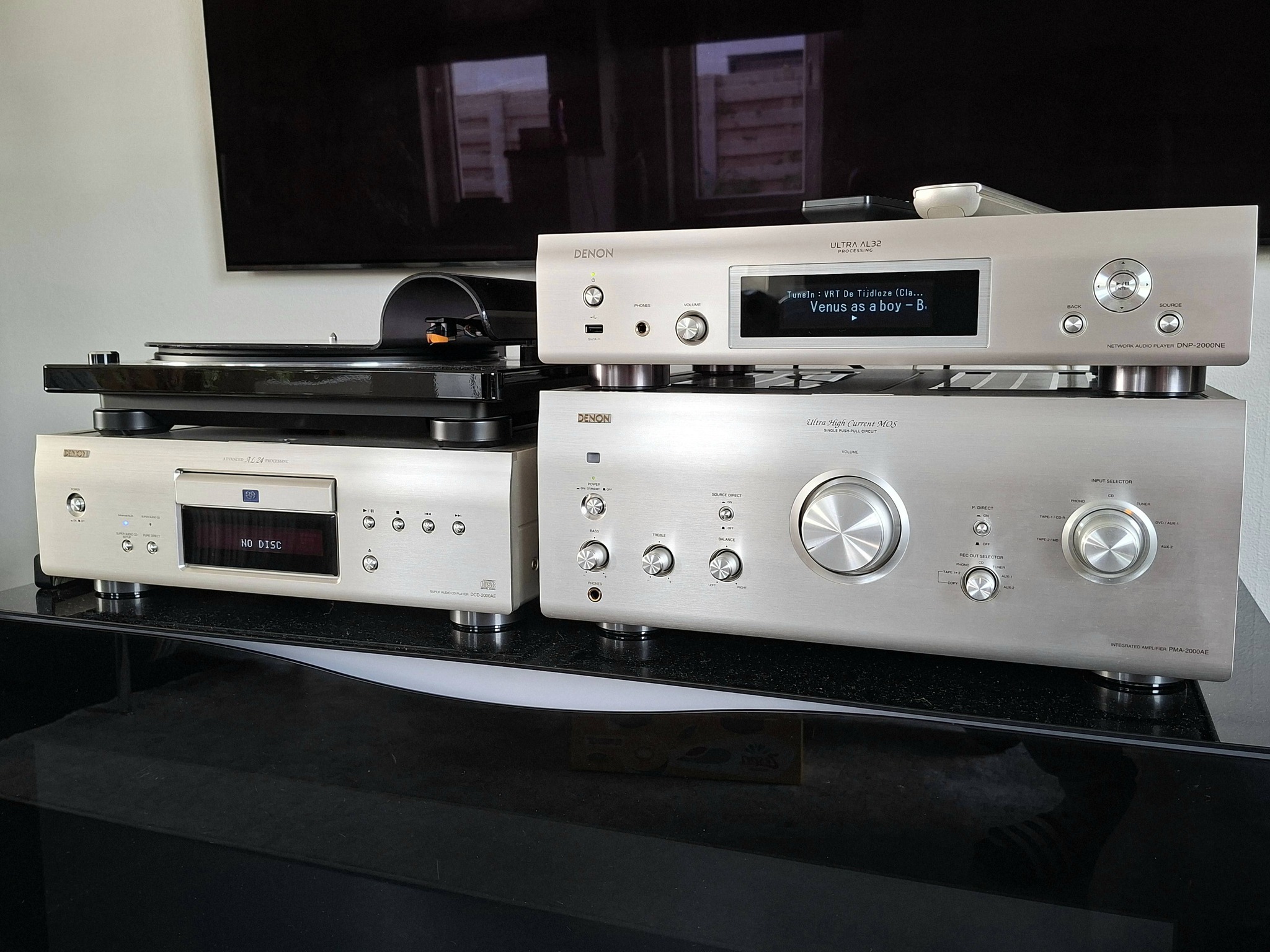 Denon home audio system with PMA-2000AE amp and Wharfedale speakers