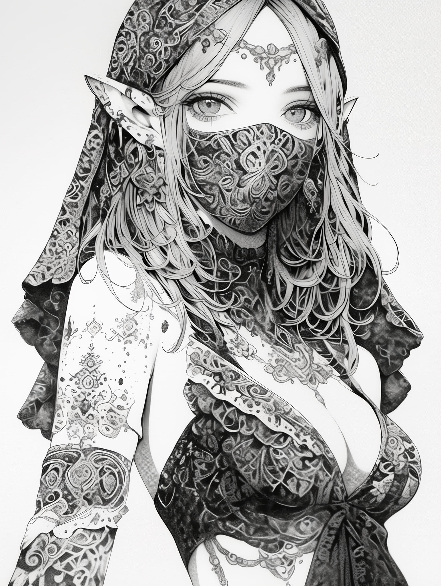 Adult coloring book page of elf princess with zentangle mask