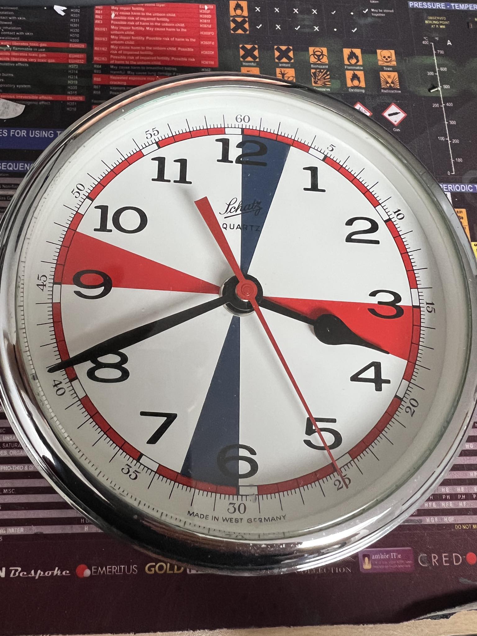 Ships radio room clock with unique face for radio silence periods
