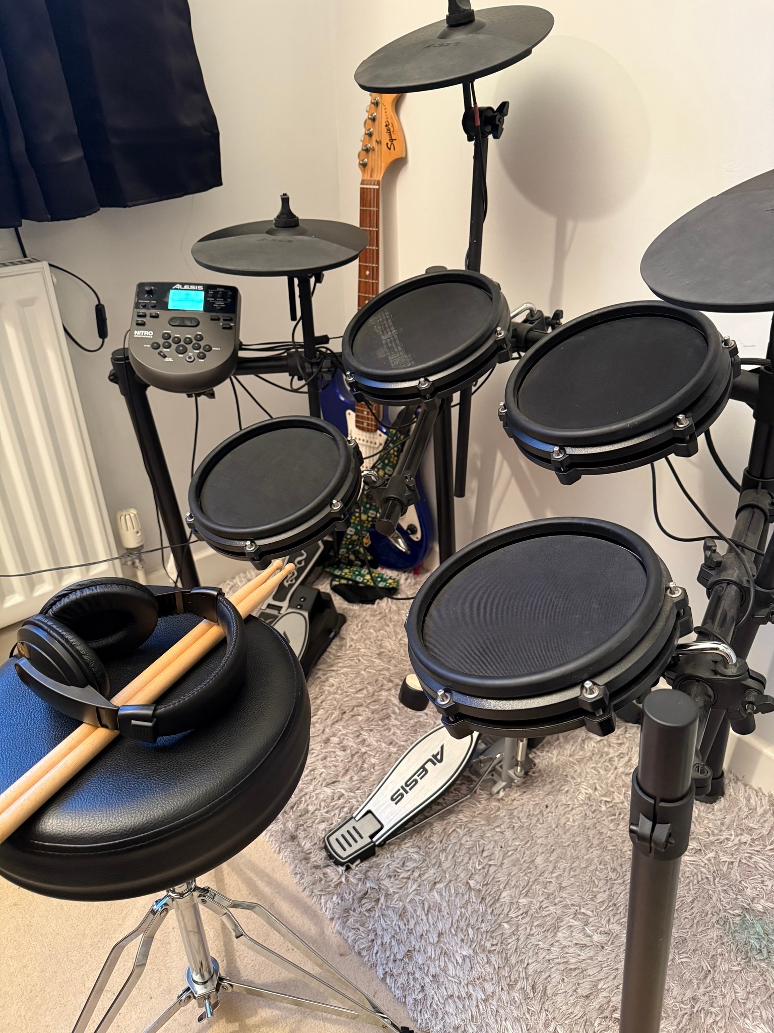 Alesis Nitro Mesh Drum Kit with stool, sticks and headphones. 18 