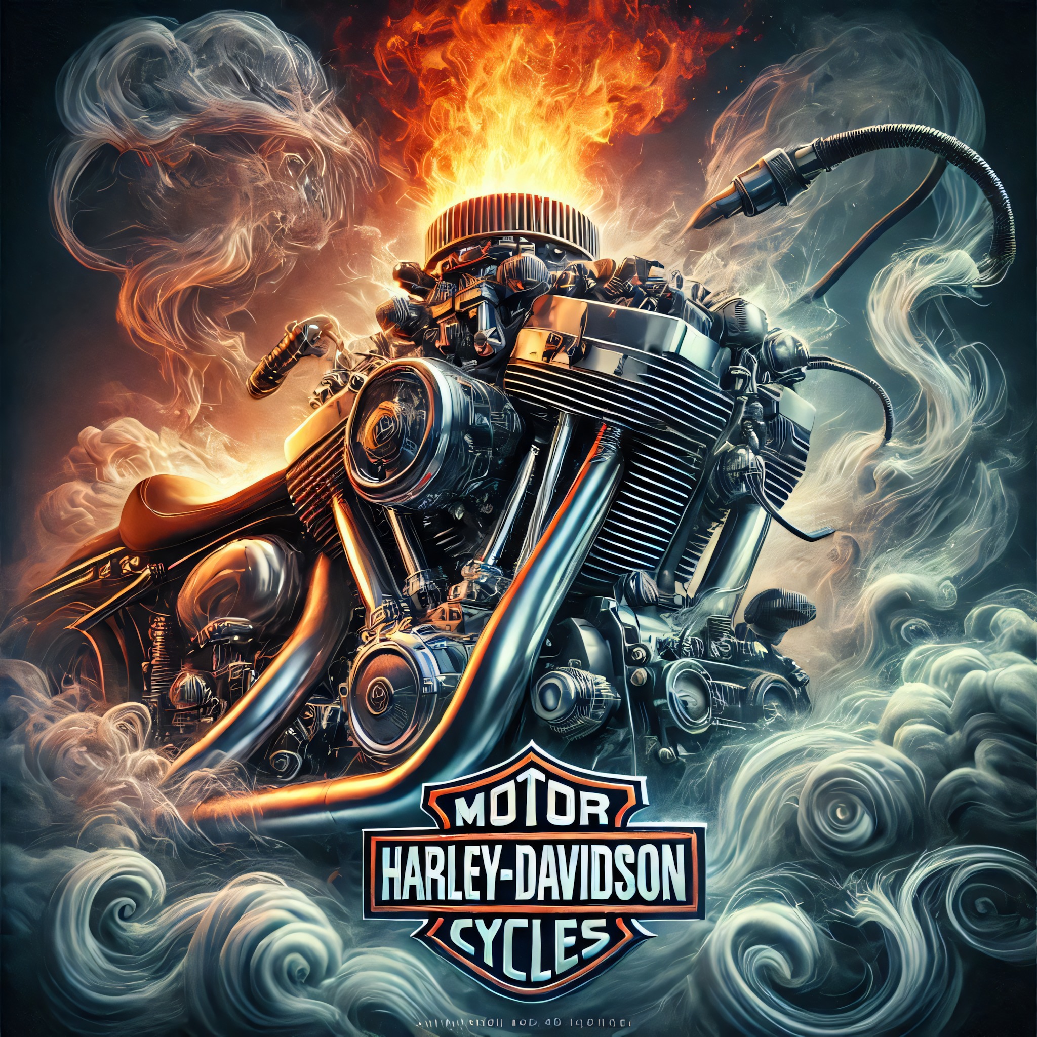Harley-Davidson motorcycle engine with steam and smoke