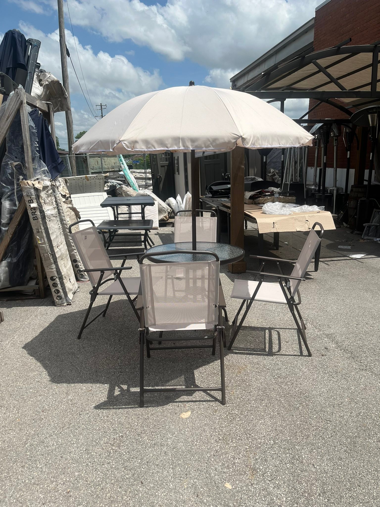 6pc patio set with umbrella Outsunny 4 Piece Outdoor Dining Furniture Set, Beige – CheryLife while the sturdy metal frame and durable glass tabletop ensure long 6pc patio set for sale