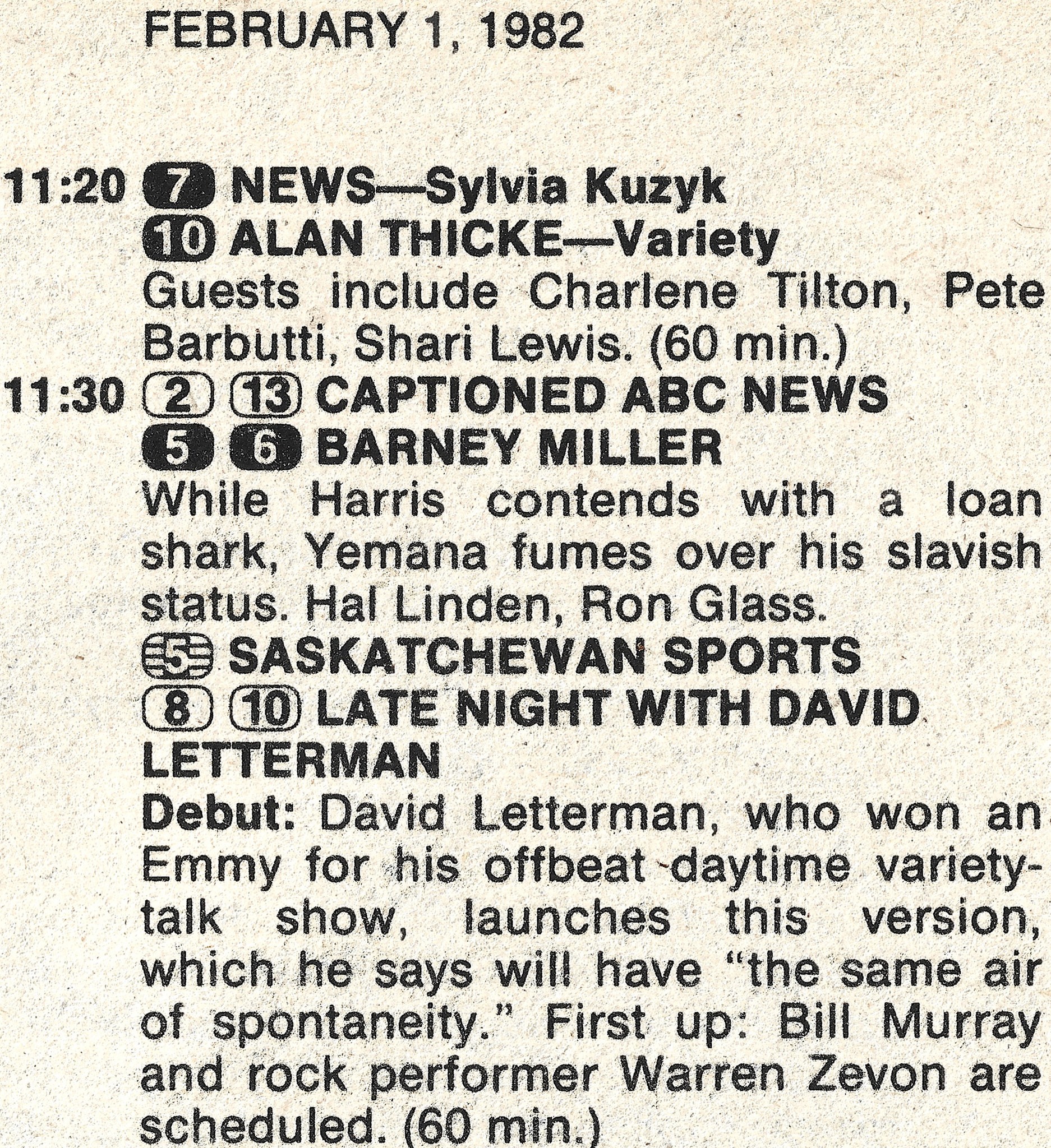 Winnipeg, Canada TV Guide >> Feb 1, 1982 @ 11:30 (8, 10 NBC North