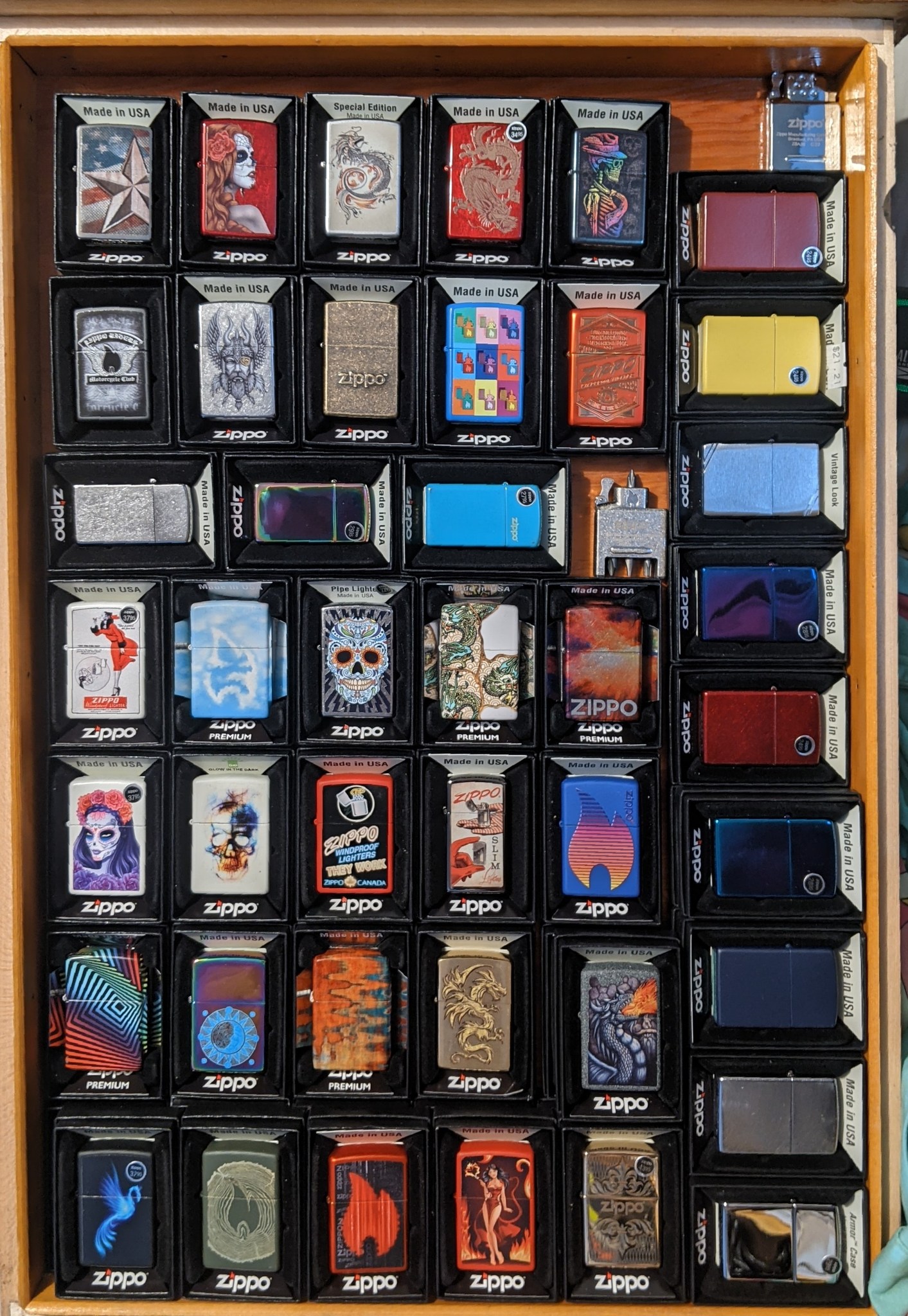 Zippo lighter collection on display