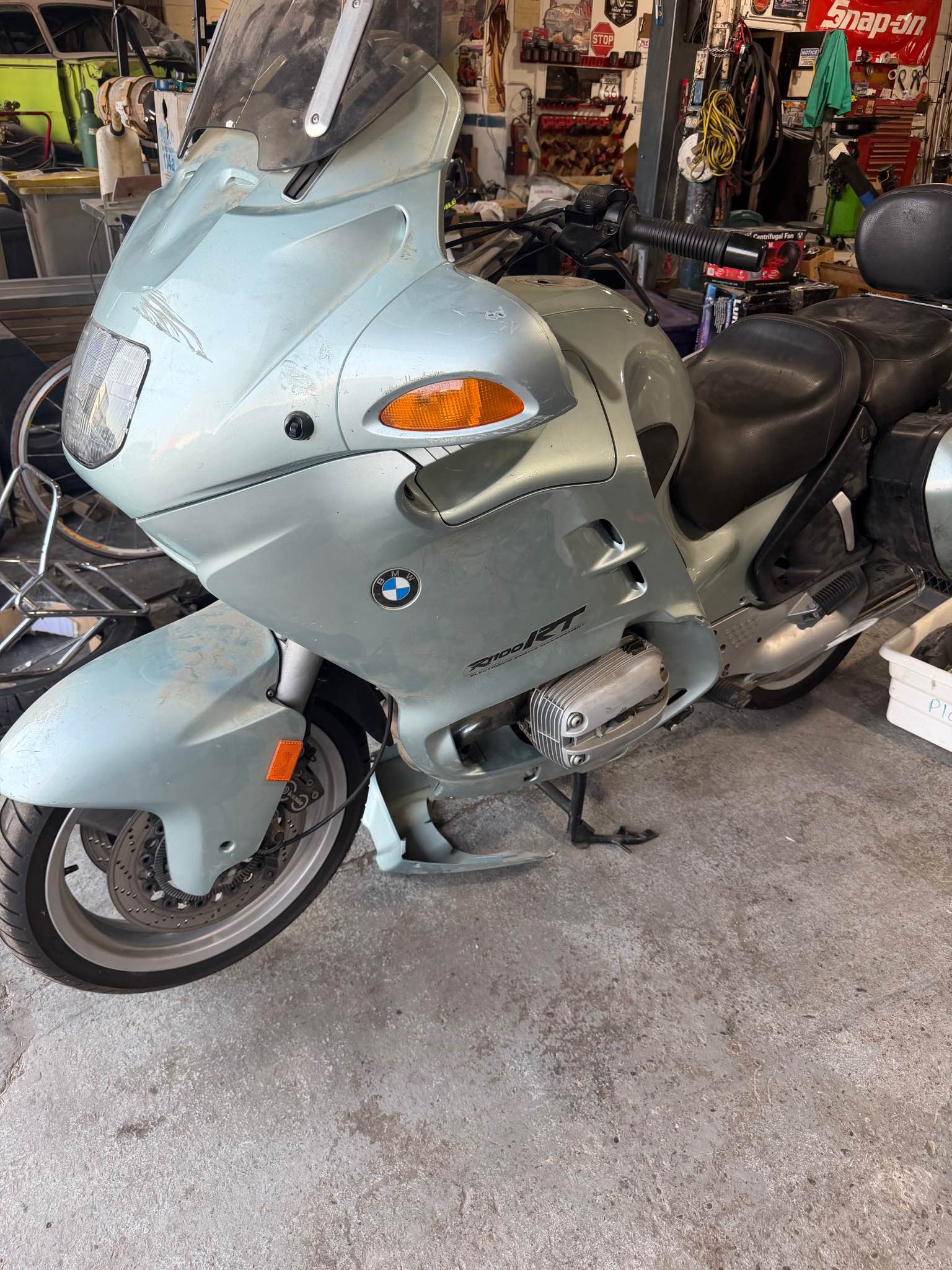 Touring BMW R1100RT motorcycle in light blue metallic. This bike