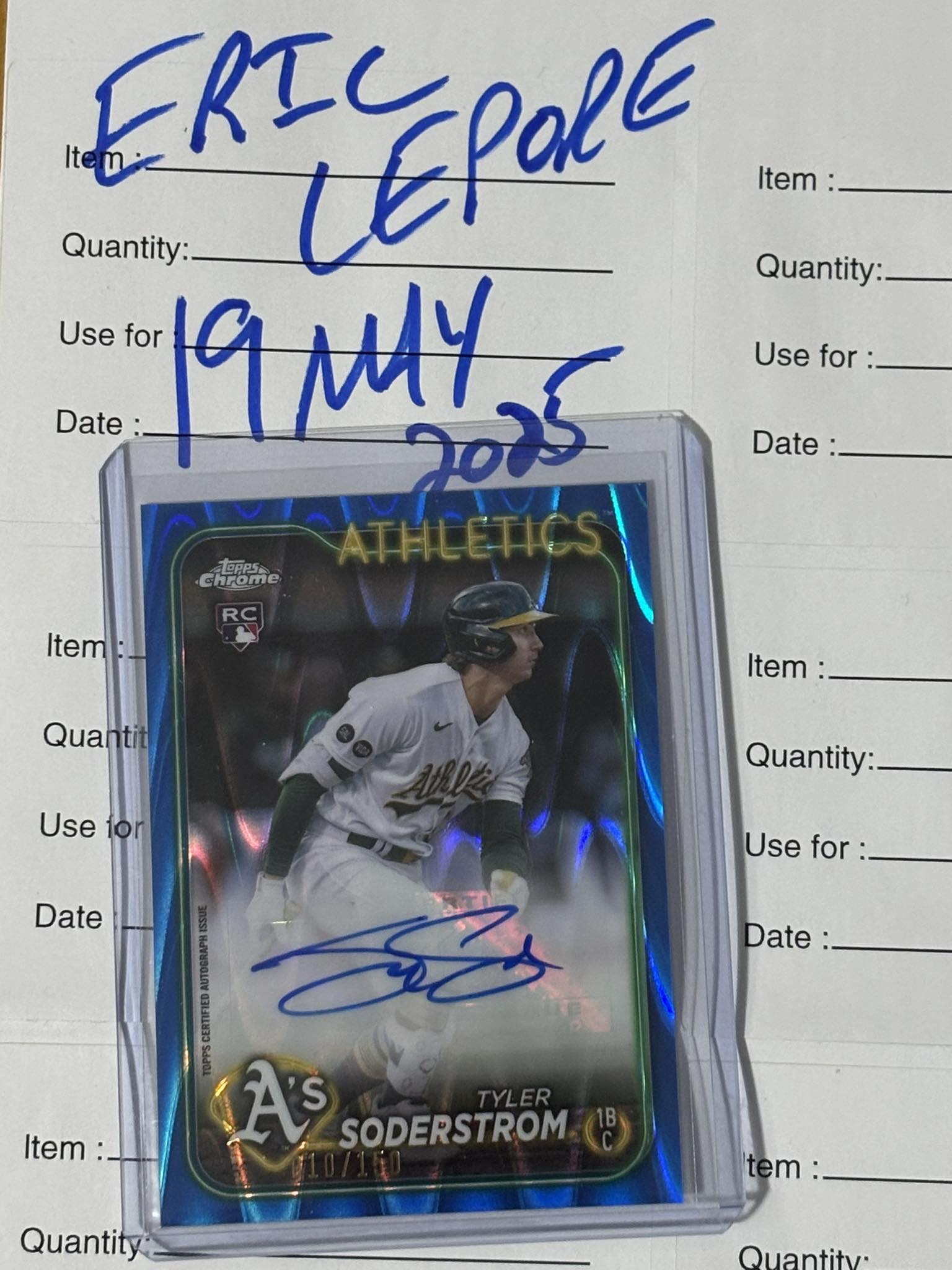 Tyler Soderstrom 2024 Topps Chrome RC Auto #/150 Blue Wave