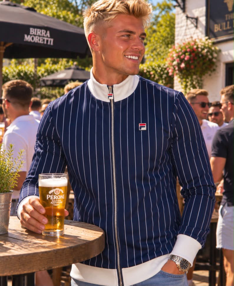Fila vintage navy pinstripe track jacket with white collar and cuffs