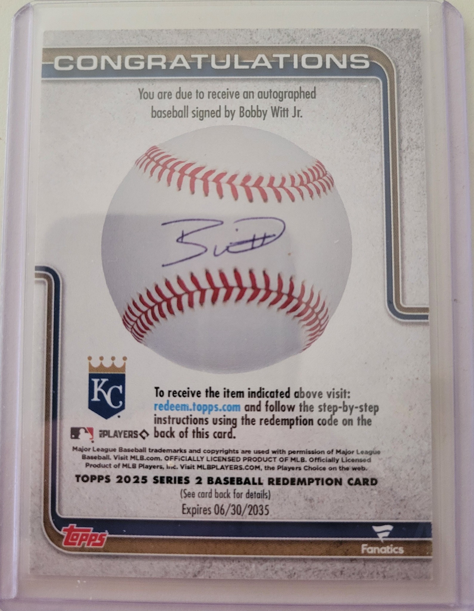 Pulled first redemption card from vending machine for Bobby Witt