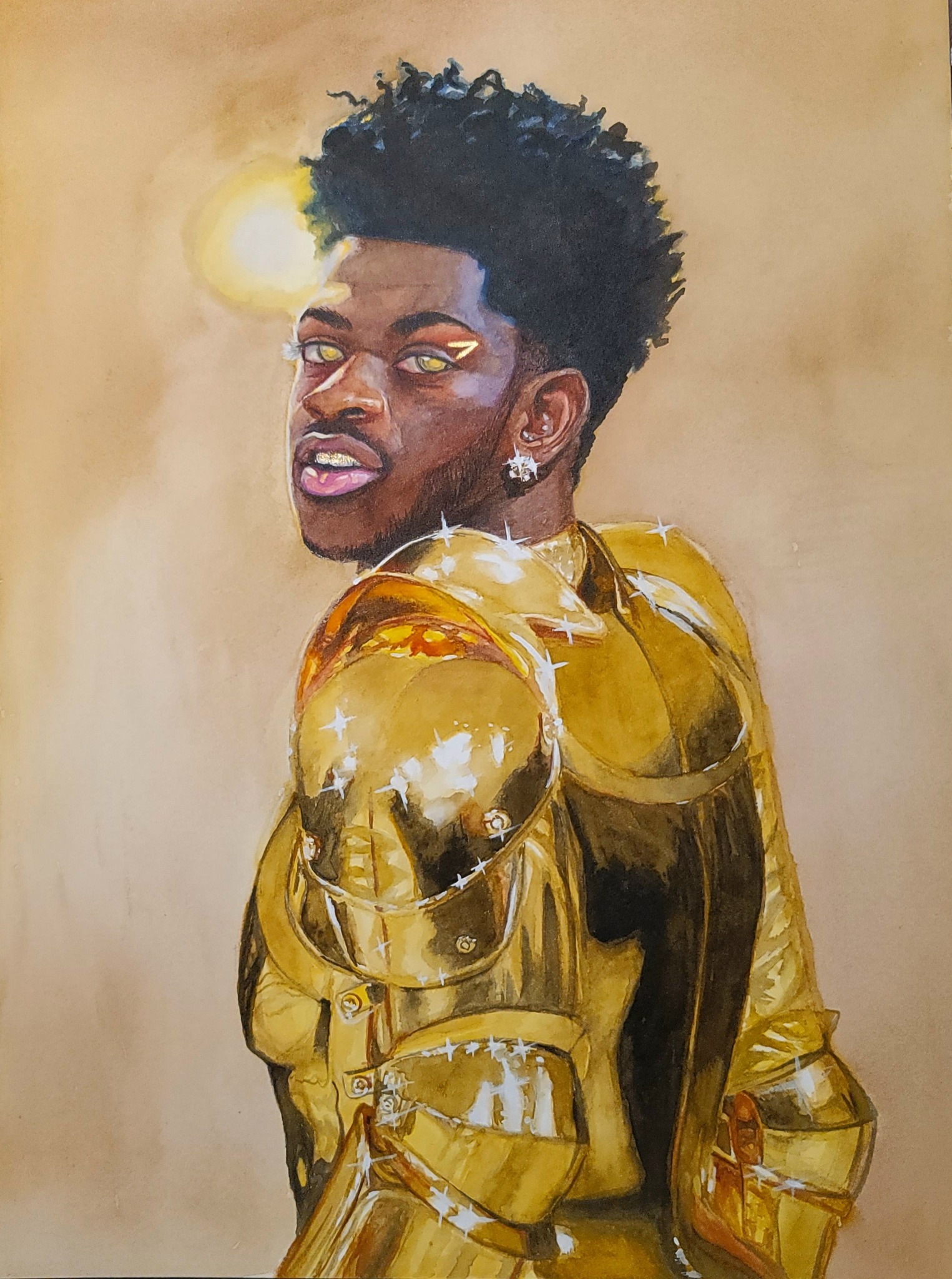 lil nas x gold dress in armor at 2021 Met Gala in watercolor LEG SPLIT