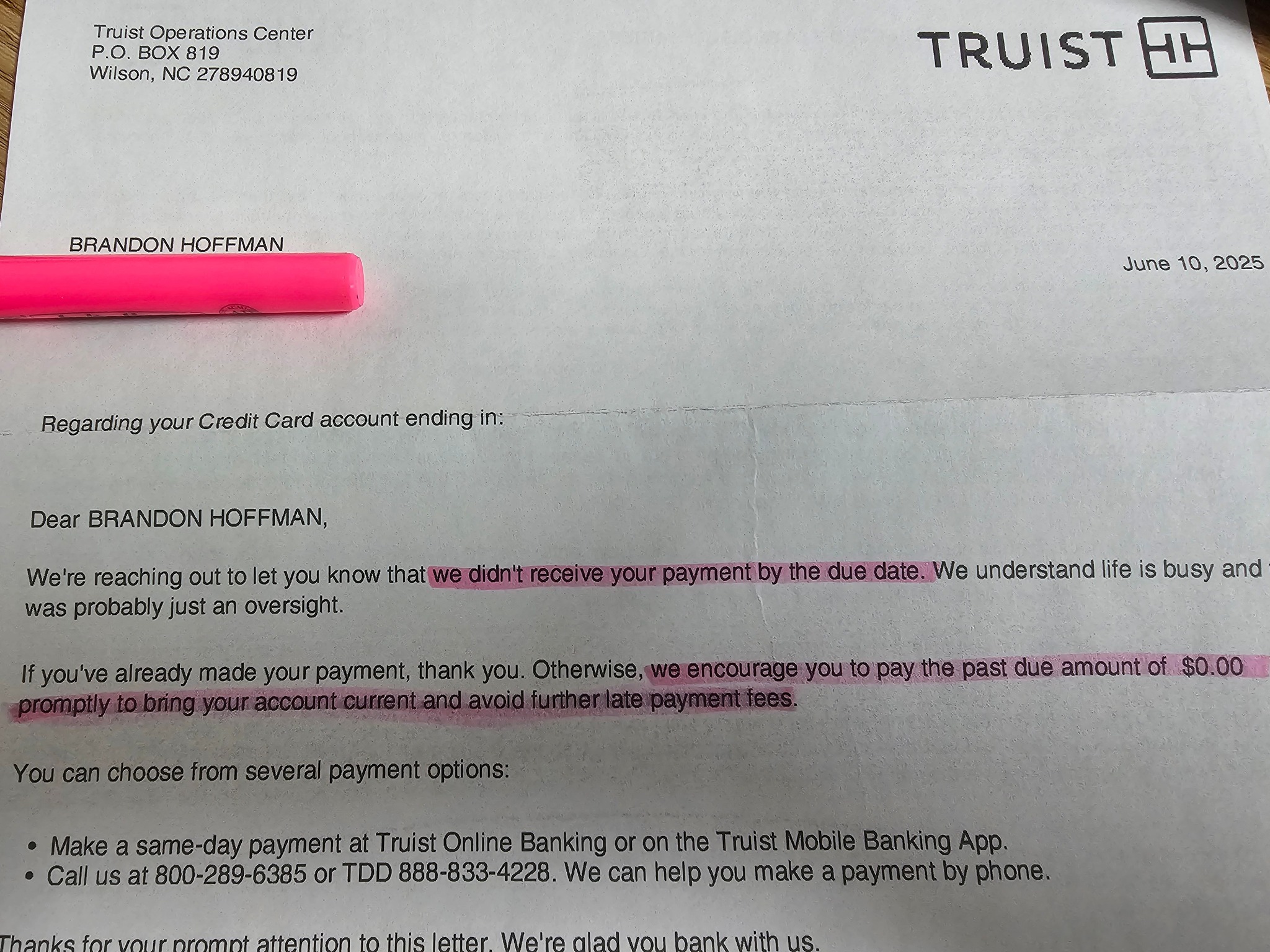 Truist sends letter over $0 credit card payment