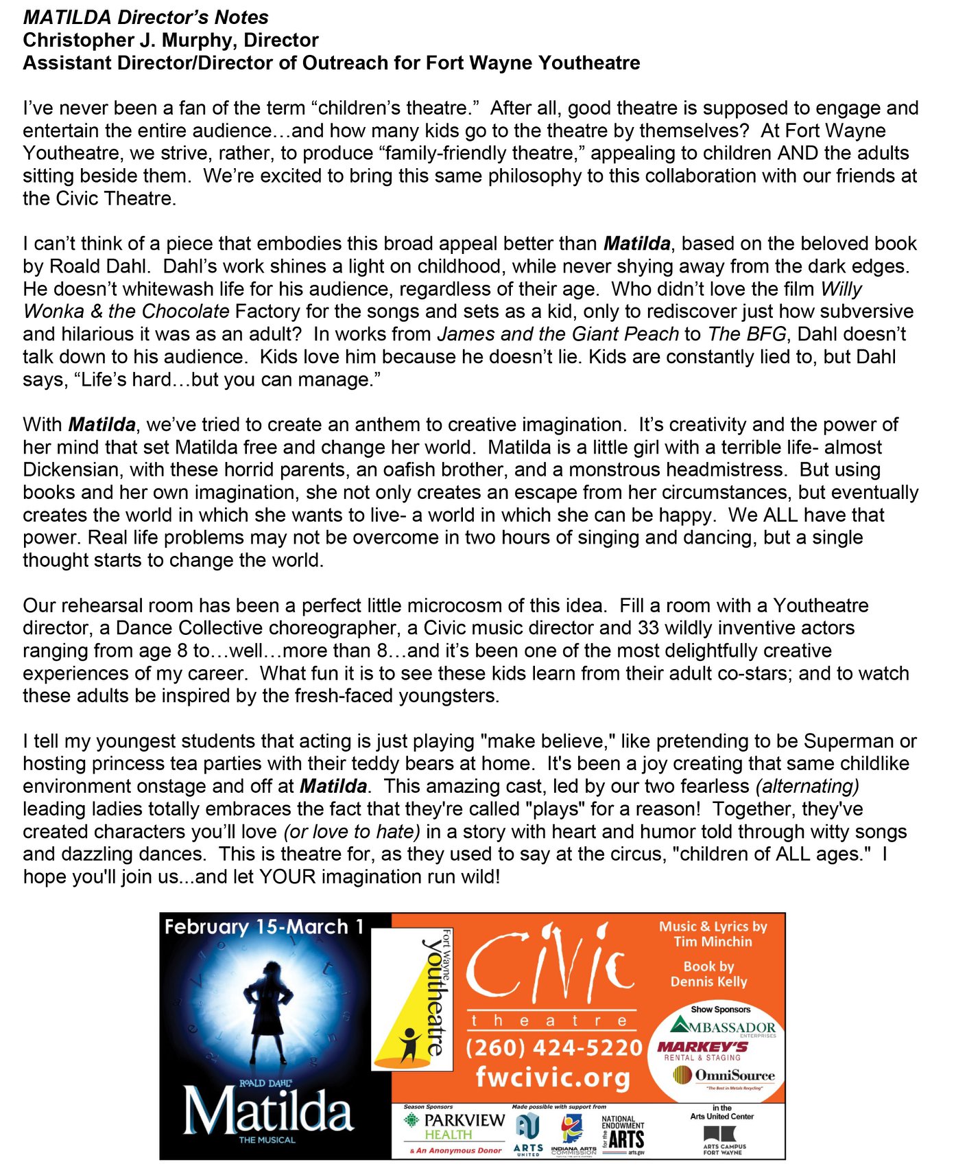 Check out the Director's Notes... - Fort Wayne Civic Theatre