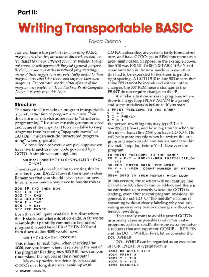 Writing transportable BASIC code with good structure and subroutines