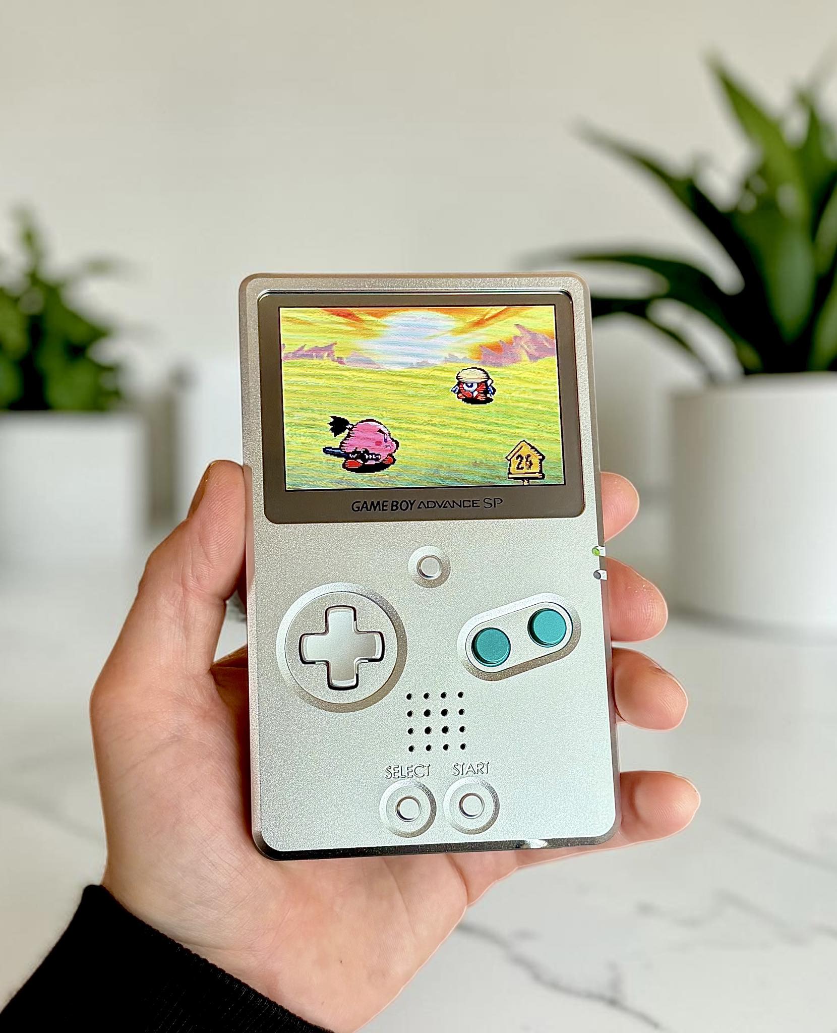 Game Boy Advance SP with Boxy Pixel aluminum shell and IPS display