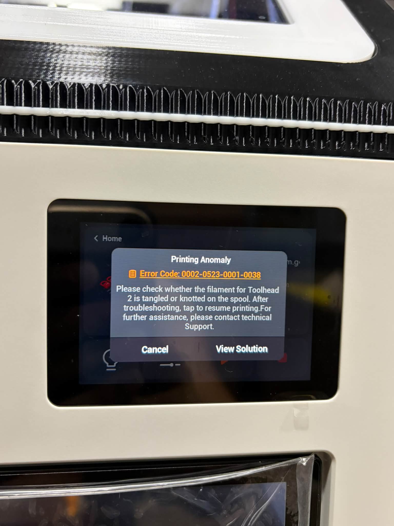 Snapmaker U1 printer error 0002-0523-0001-0038: filament tangling