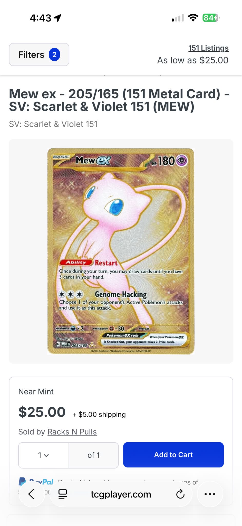 metal mew ex pokemon card value 2023 Scarlet & Violet 151 Gold 151 Promo 205/165 RarityDouble Rare Hit Points180 HP Ability Restart Once during your turn Is the a normal Mew