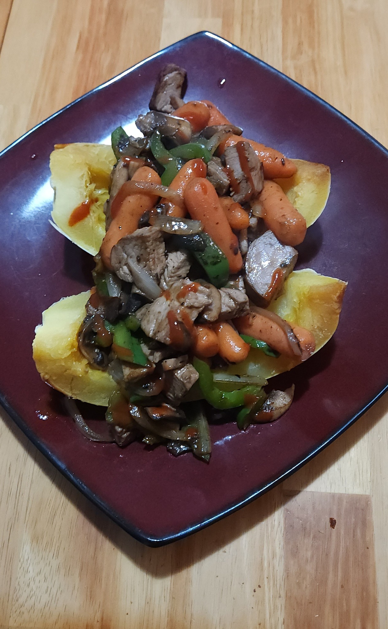 Sichuan-glazed roast pork with vegetables