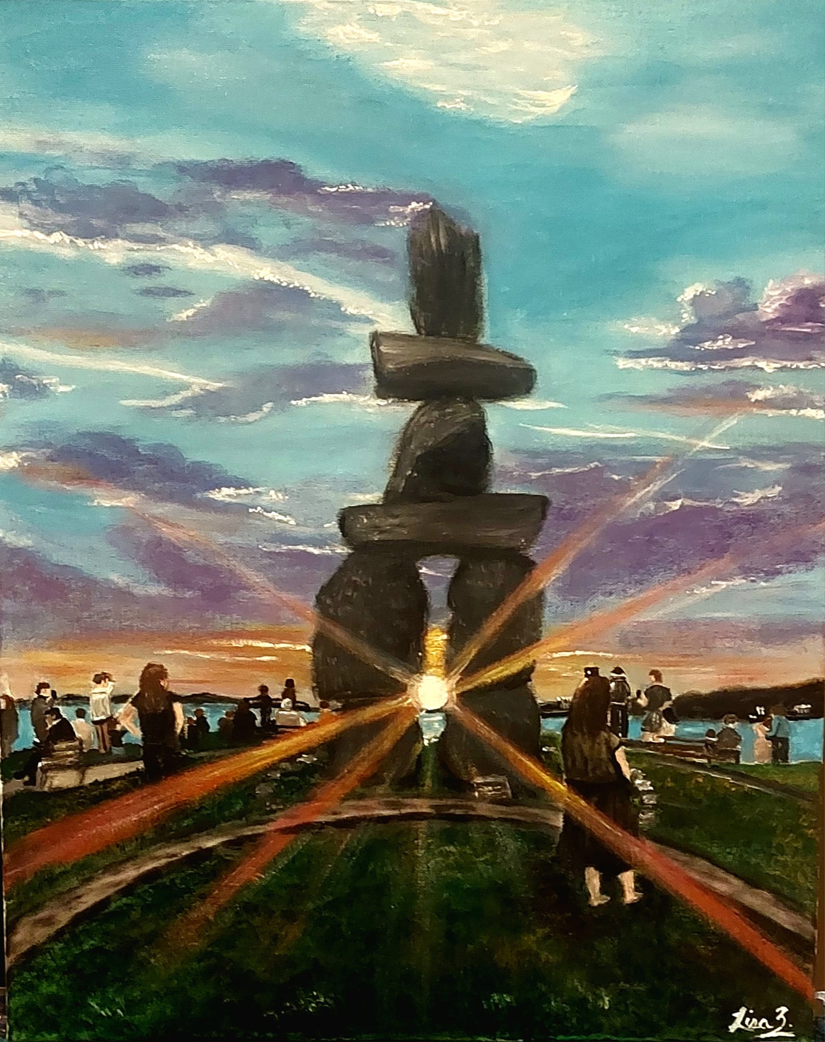 絵画 destination Painting of inukshuk monument at sunset in Vancouver