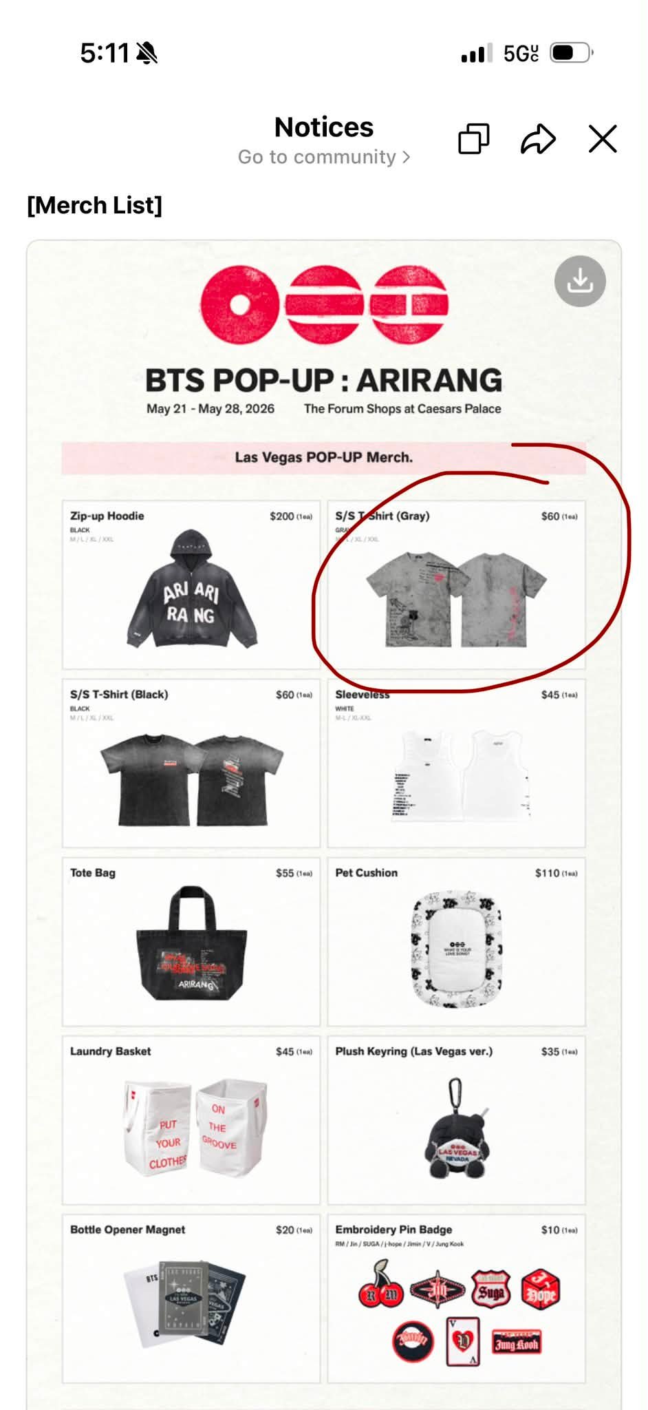 BTS gray t-shirt for sale from Las Vegas pop-up