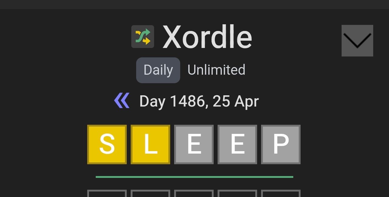 xordle 1486 بر Xordle Daily Unlimited << Day 1486, 25 Apr SLEEP E S P