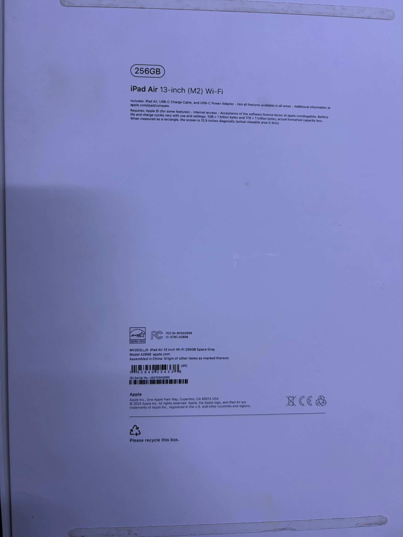 Slightly used Ipad air M2 256gb 13 inches size Wifi Battery 100 