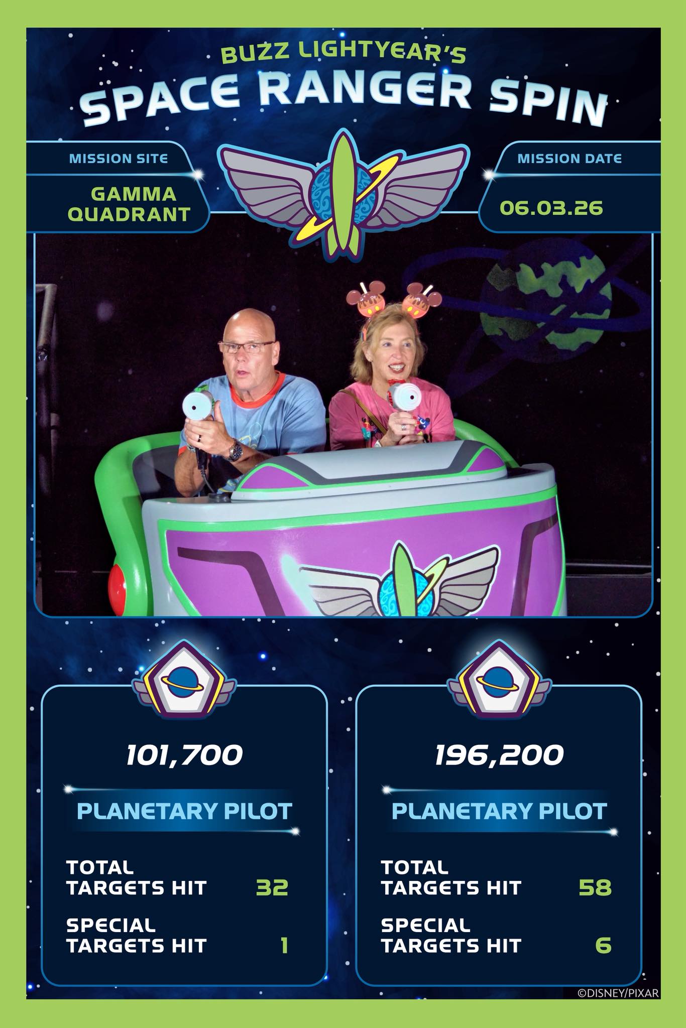 Buzz Lightyear's Space Ranger Spin mission scores on Disney PhotoPass
