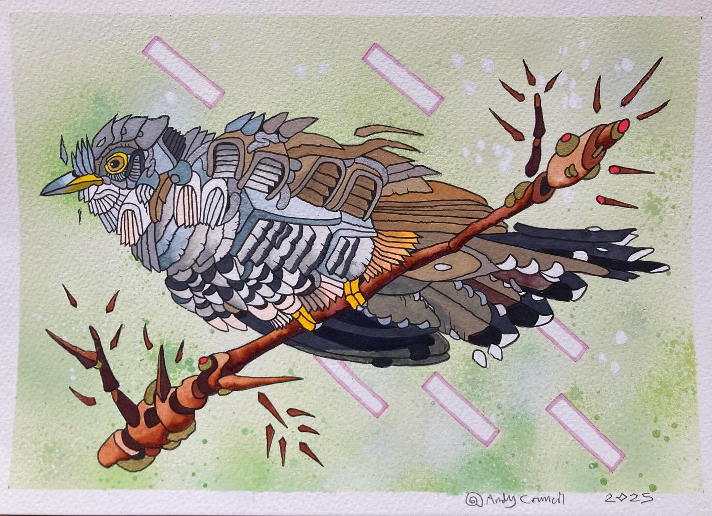 Andy - Lesser Cuckoo, inks and spray paint on watercolour paper. One of ...