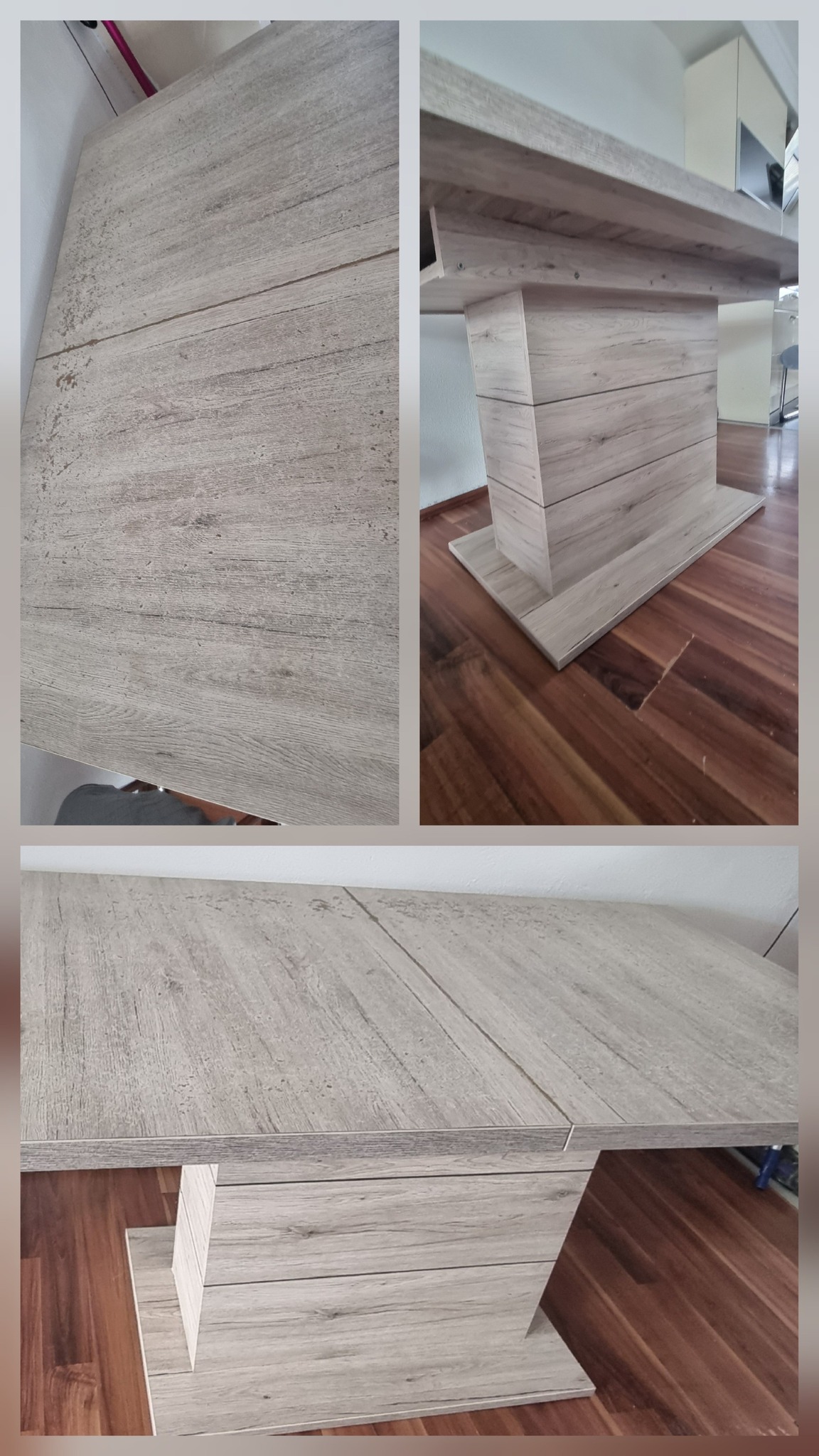 Esstisch zu verschenken. Mit Gebrauchsspuren auf der Platte. Maße 160x90 ausziehbar mit Einlegeplatte auf 190x90. Standort Freilassing