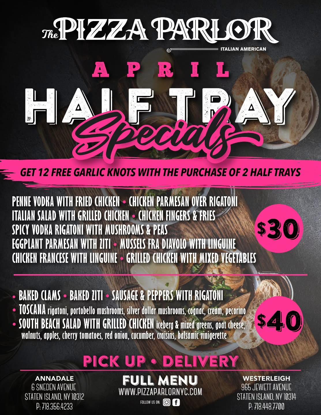April half tray specials at pizza parlor
