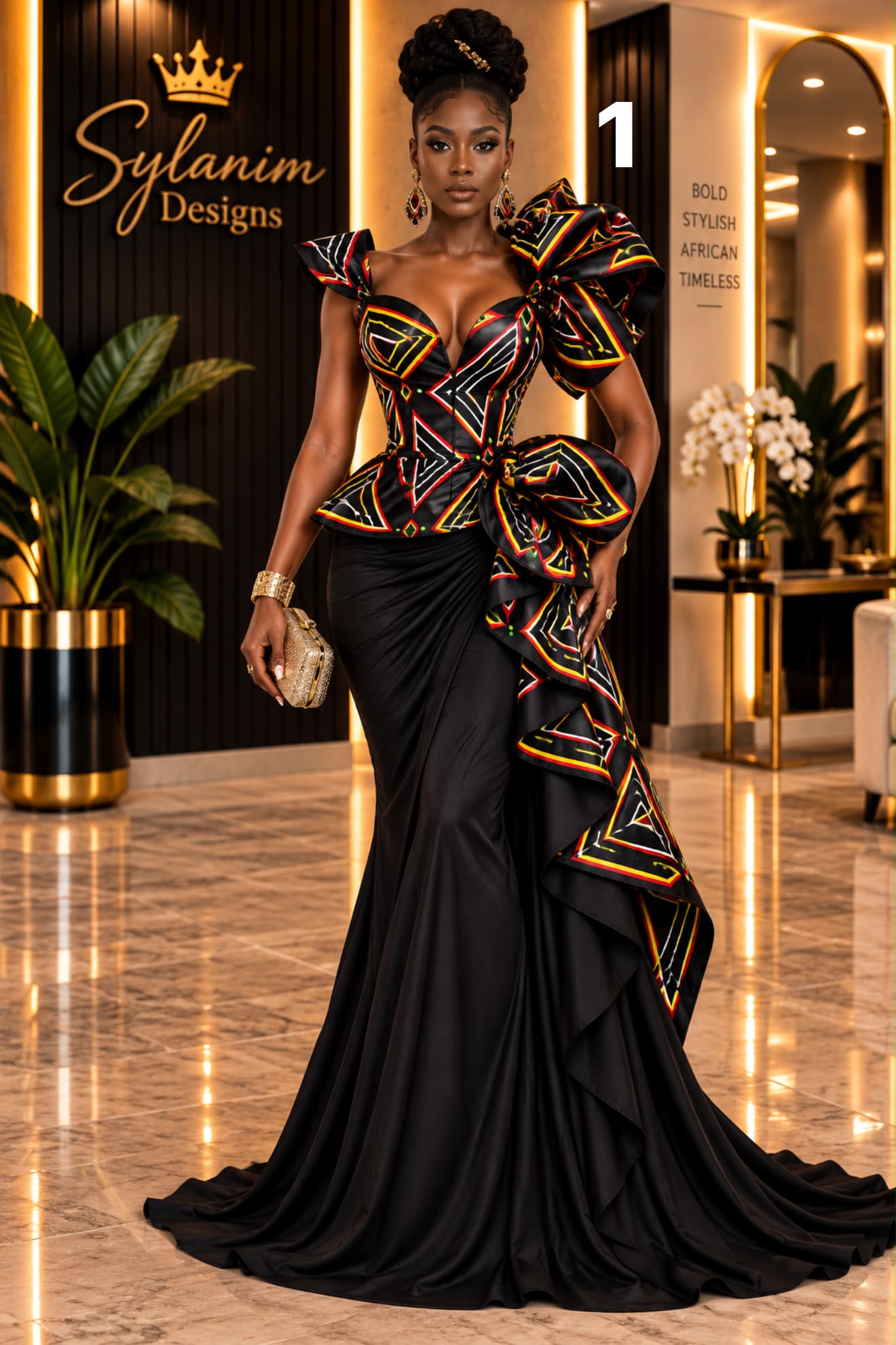 African print and black gown combination by Syl Anim Designs