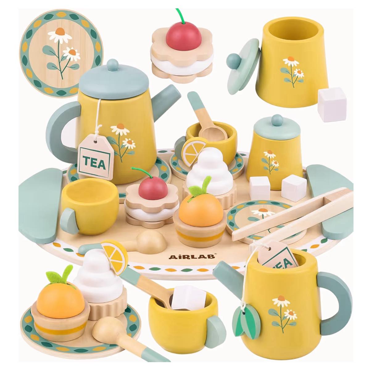 WOODMAM Wooden Toy Tea Set For Little Girls, 30pcs Party Play Food For Kids, Princess Tea Time Toys Playset Including Dessert, Cakes, Tea Party Accessories Pretend Play Toys For Girls Boys Age