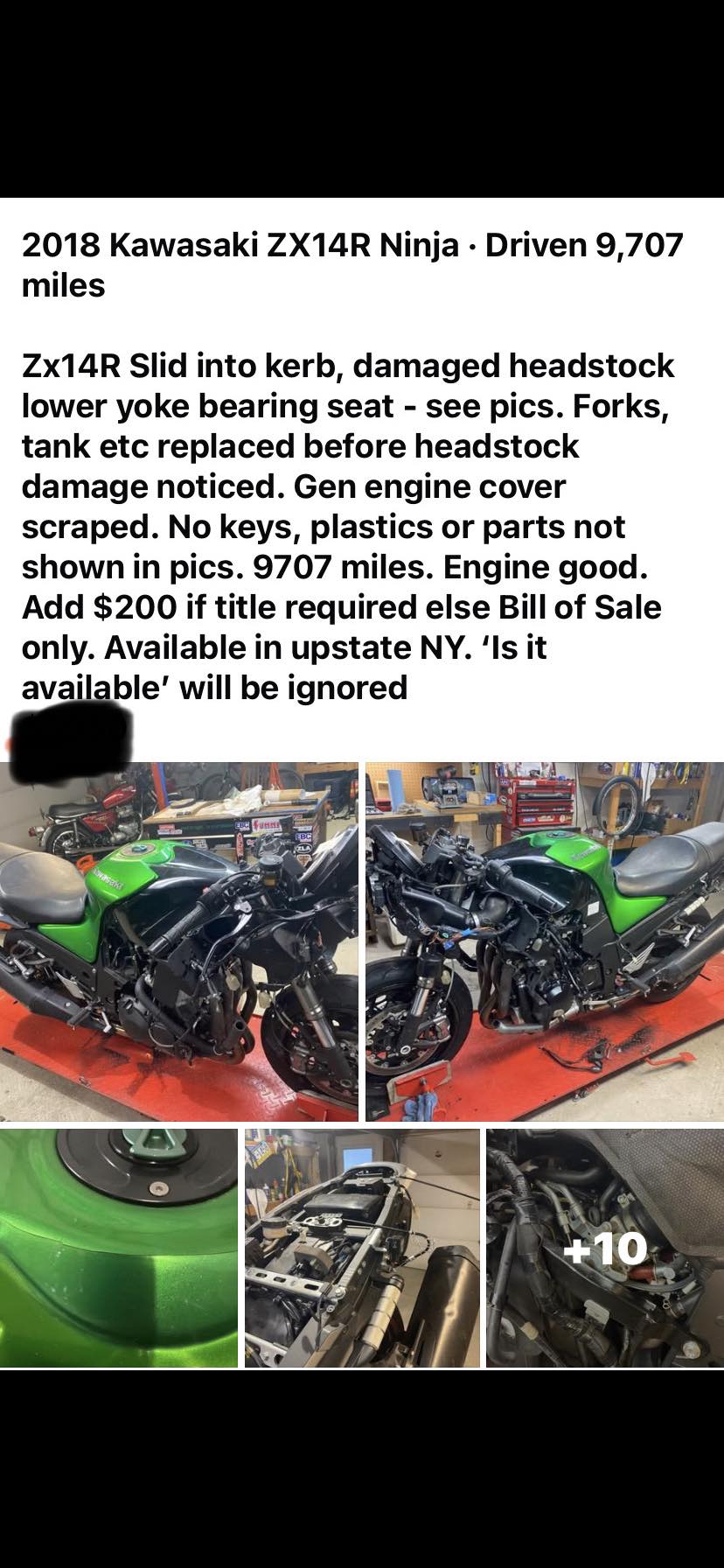 2018 Kawasaki ZX14R Ninja for sale with damaged frame