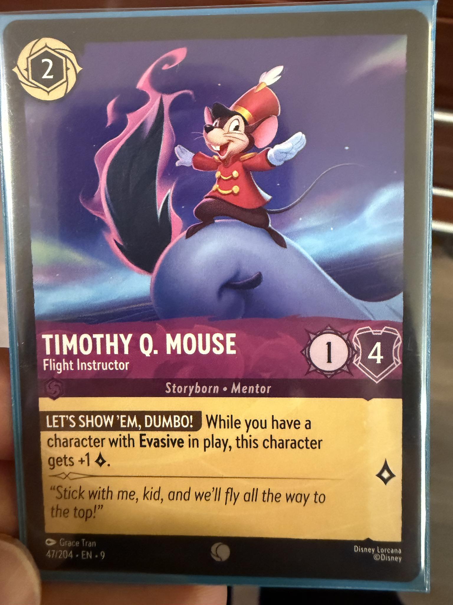 Which card gains plus one lore with Timothy Q Mouse and Evasive?