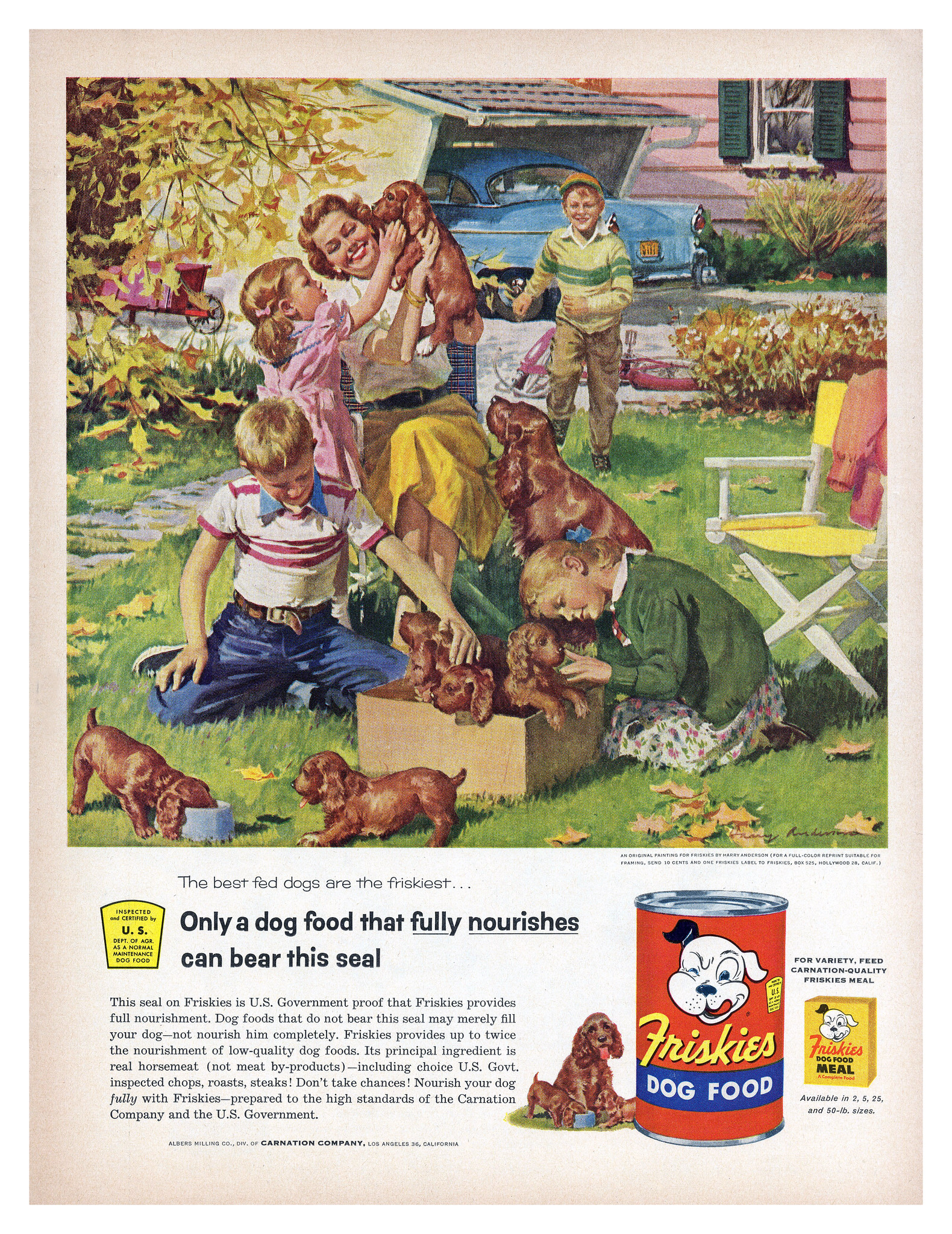 Mid-century Friskies dog food logo and fonts