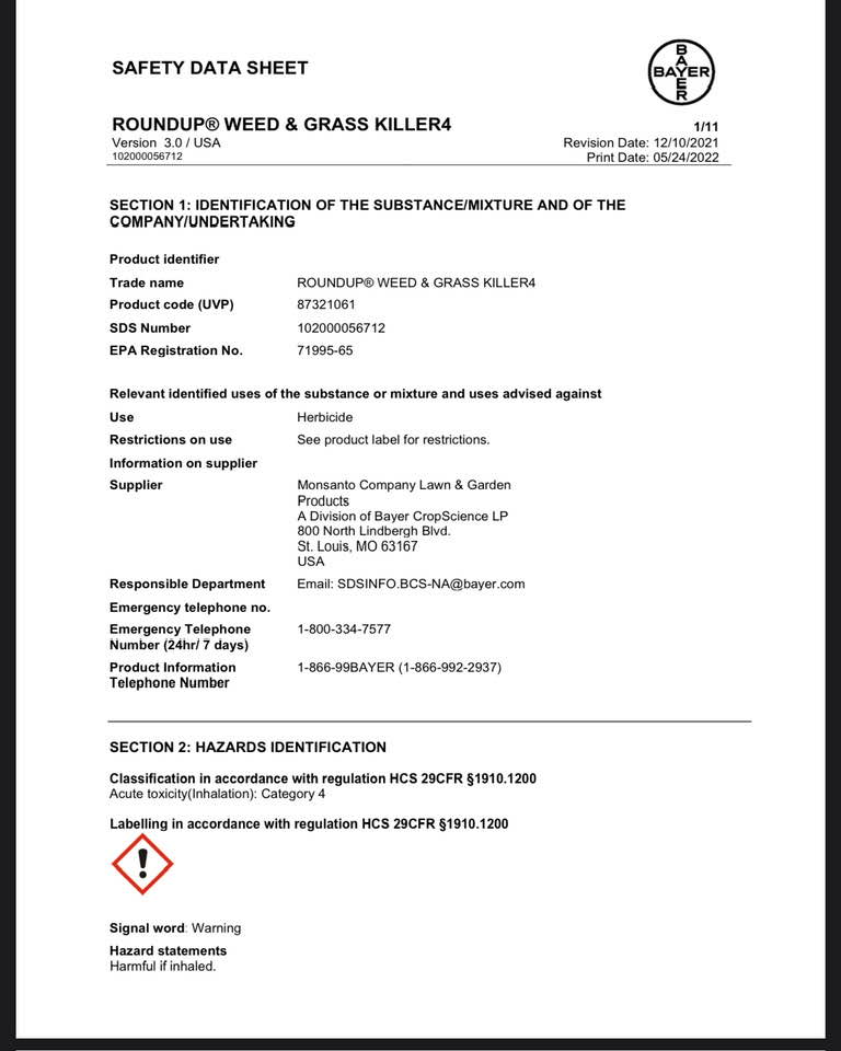 Dangers of Roundup herbicide and importance of material safety data sheets