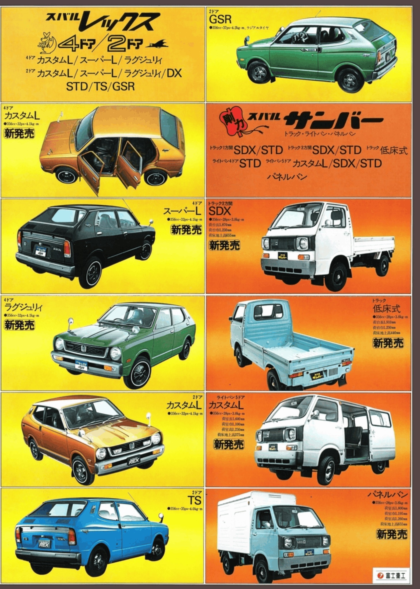 1973 Subaru Model Range Brochure. Japan, 3-1973. 昭和48年式 スバル