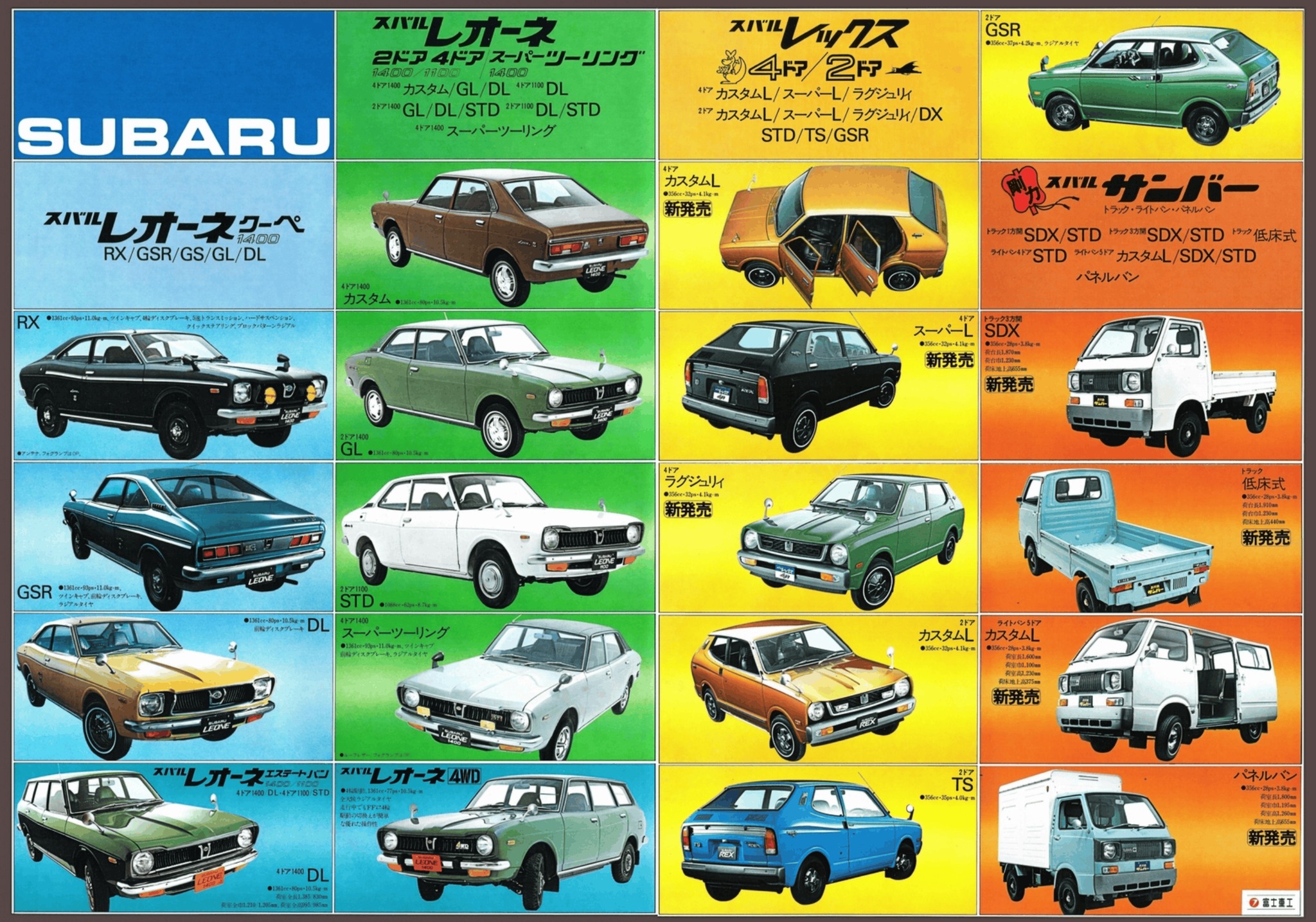1973 Subaru Model Range Brochure. Japan, 3-1973. 昭和48年式 スバル
