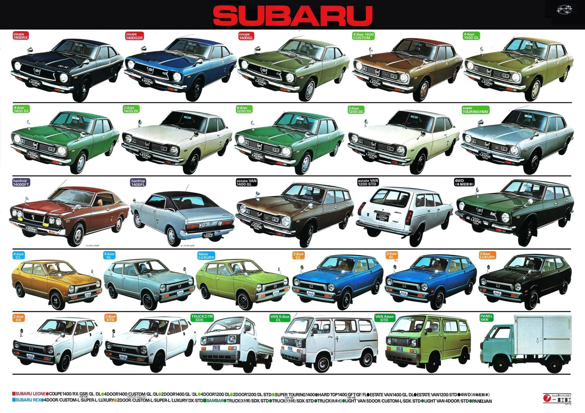 1974 Subaru Model Range Brochure. Japan, 10-1973. Fold-out. 昭和49