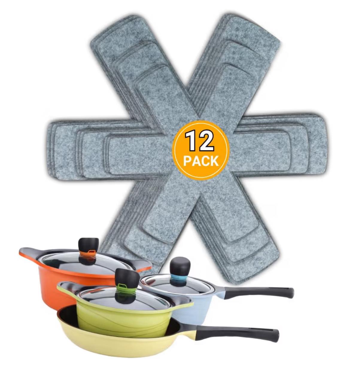 Staub Cast Iron Queekay 12 Pcs Felt Pot And Pan Protectors 12/14/16 Inch Larger Thicker Pan Protector Pads, Colorful Pot Separators For Stacking Cookware Organizing Protecting(Gray Trivet Tree