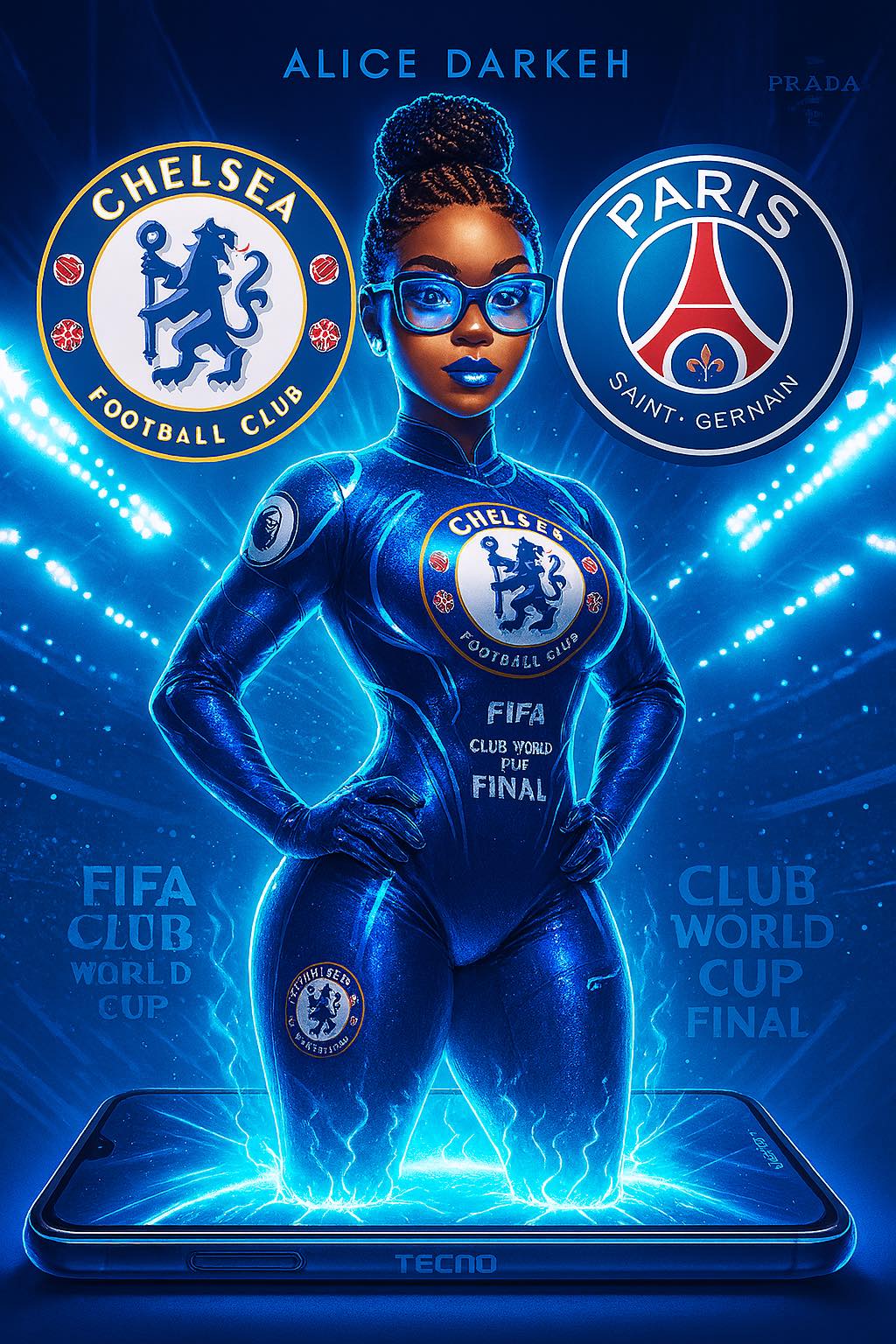 African lady in Chelsea FC bodysuit for FIFA Club World Cup final