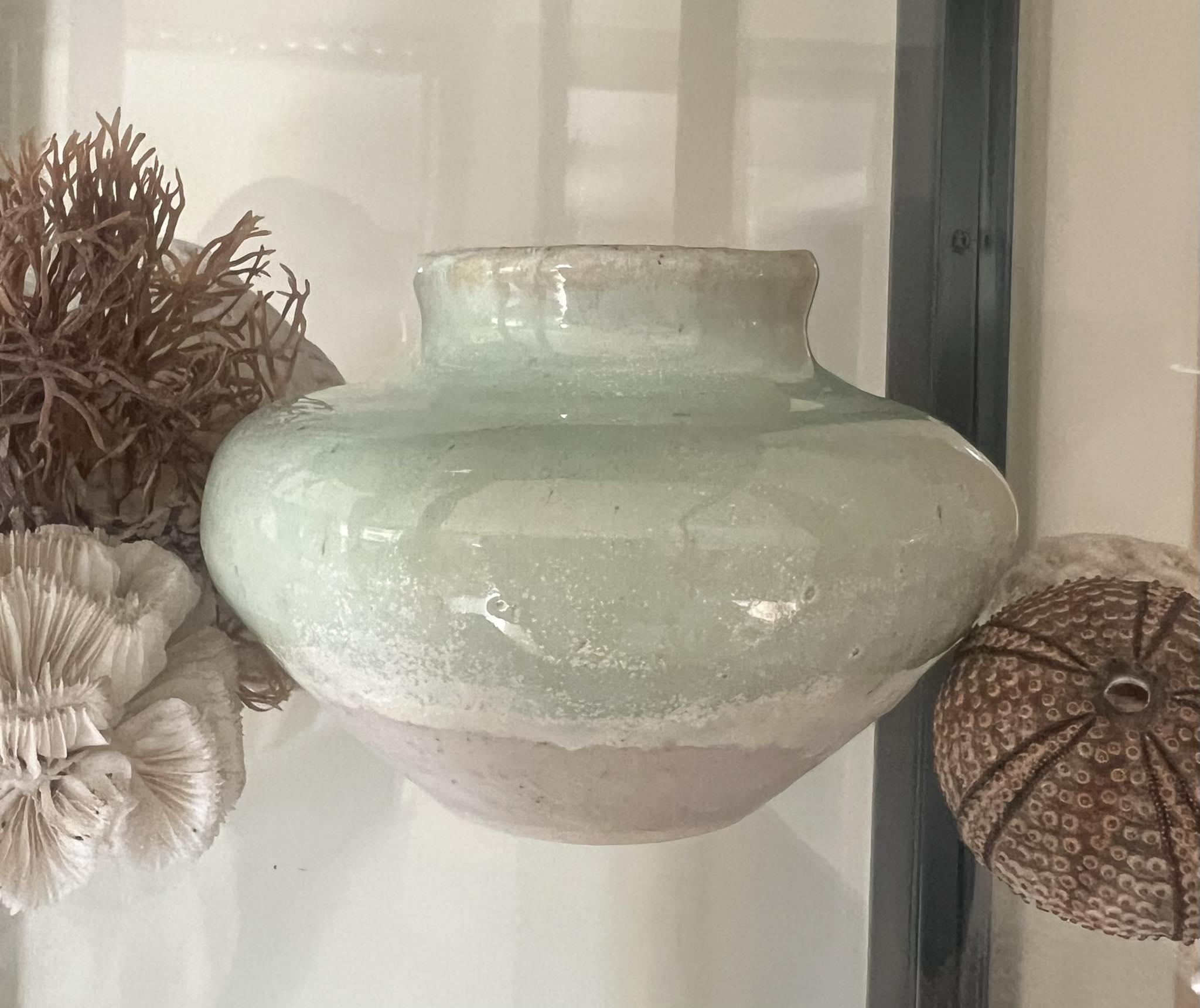 Sand and Sea 2x, then Micropearl 2x. On Black ice porcelain. Cone 6