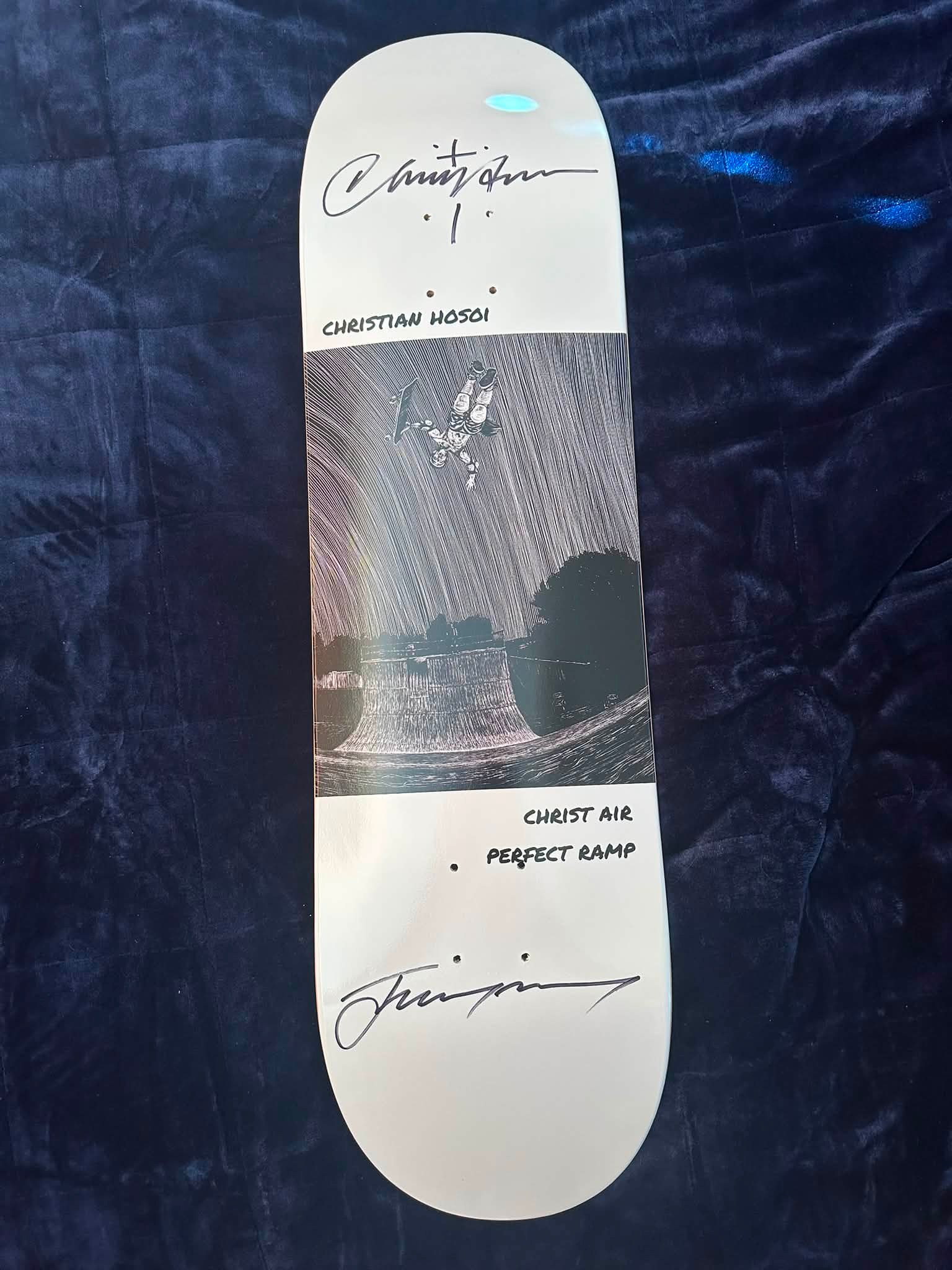 Limited signed Hosoi lithograph with Christ Air skateboarding trick