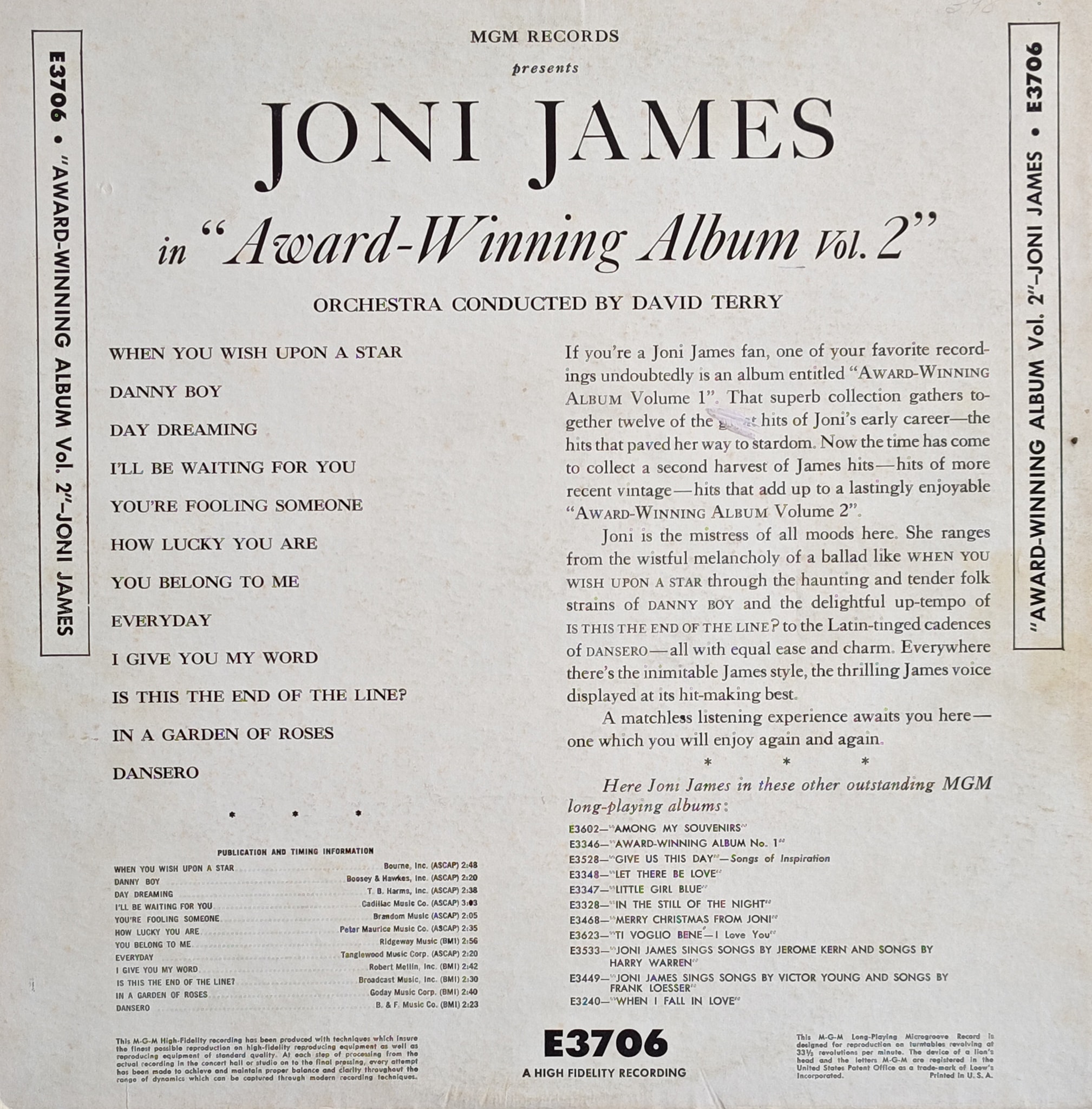 Joni James – Award-Winning Album, Vol. 2** MGM Records – E3706 - 1958