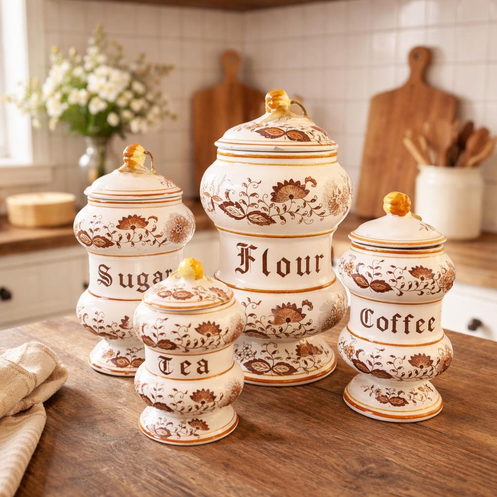 Beautiful 4-piece ceramic kitchen canister set designed by Susan