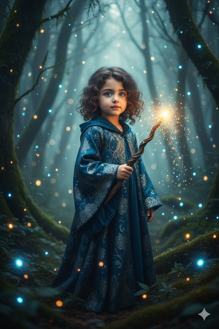 Mahmoud - A 7-year-old child wearing a wizard robe with magical glowing ...