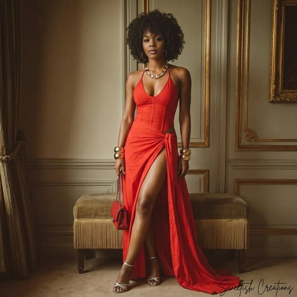 gold dress with red accessories ❤️ Bold. Elegant. Unforgettable. This stunning look is all about confidence and timeless style. The flowing dress, accessories, and strappy heels create the perfect outfit for date night, special events elegant red and gold dress