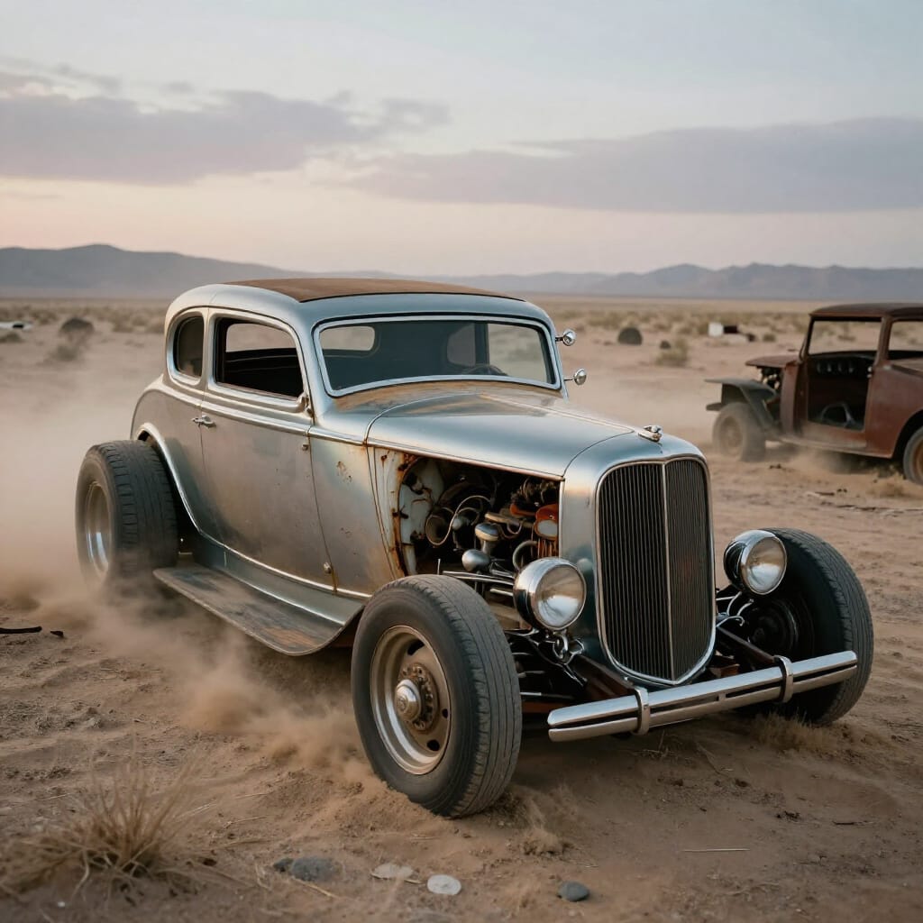 AI automotive art | A gleaming, custom-built hot rod sits abandoned in ...