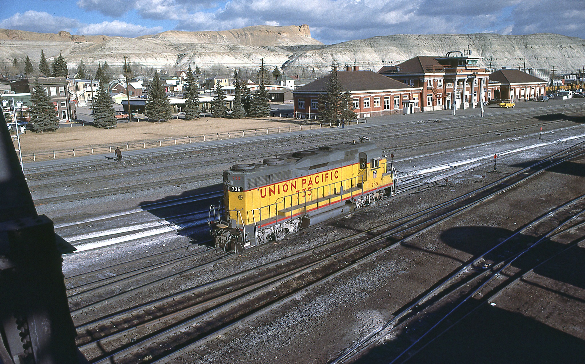 Union Pacific GP30s leading freight train in Green River, Wyoming