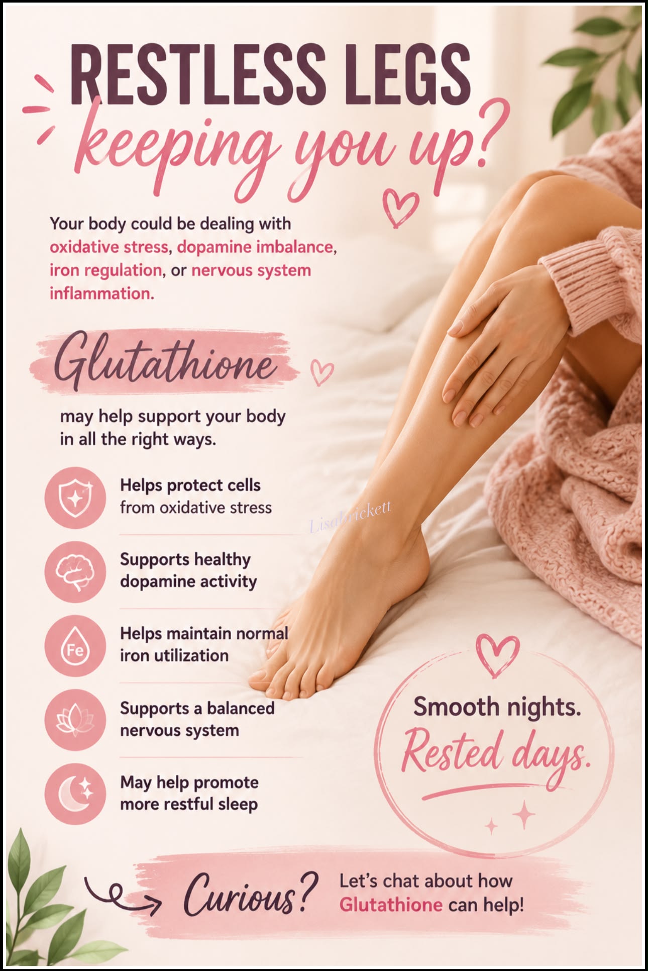 ✨ DID YOU KNOW… If you struggle with Restless Legs Syndrome (RLS), your body may be dealing with oxidative stress, changes in dopamine function, iron regulation, or an overactive nervous system. ✨