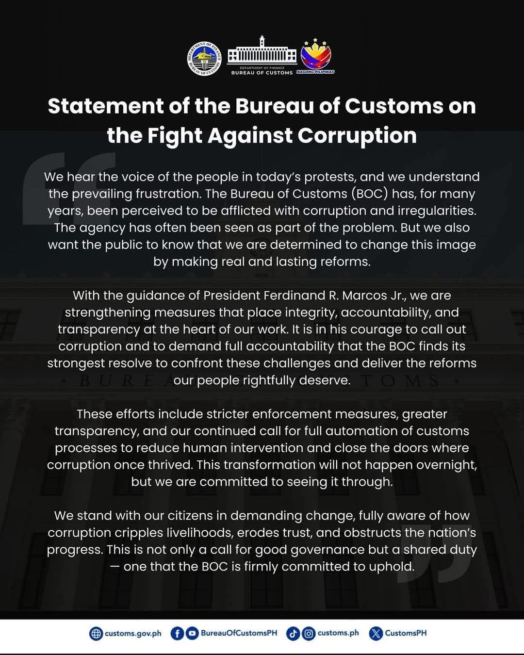 Ercel - The Bureau of Customs has released a statement signaling its ...